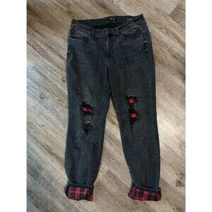 Judy Blue Skinny Fit Jeans 14W Black Distressed Buffalo Plaid Red Mid Rise